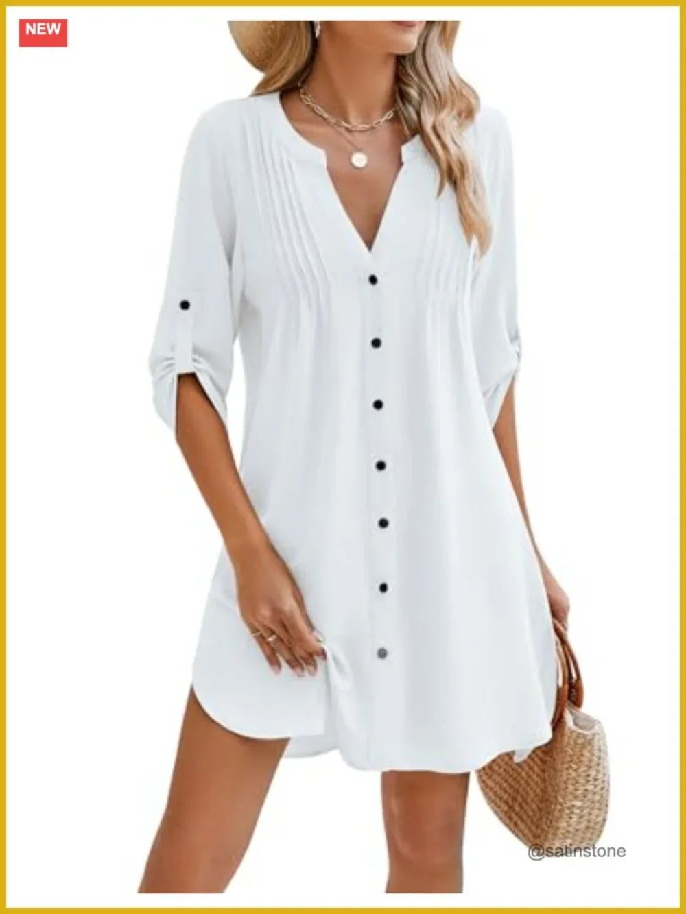 V Neck Button Down Swimsuit Cover Up 3/4 Sleeve Lightweight Beach Coverup